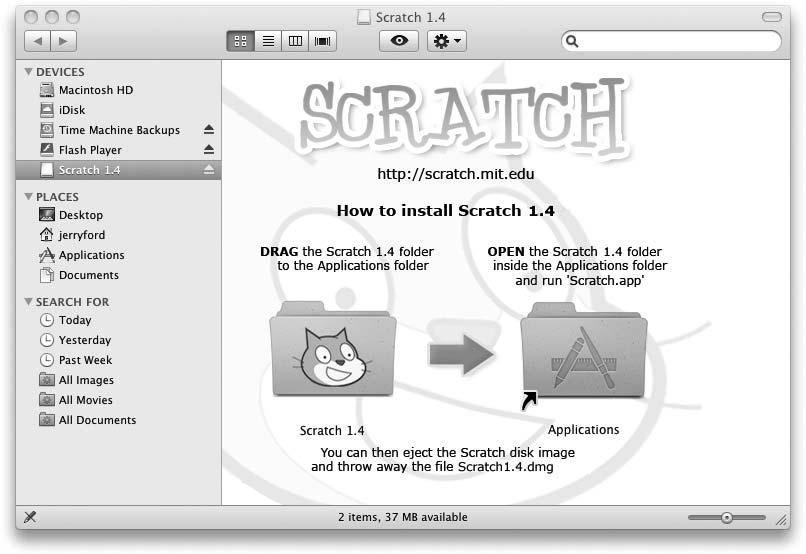 Not For Sale E-378 Appendix B n Offline Scratch Development Figure B.5 Adding Scratch 1.4 to the Mac OS X Applications folder. To start Scratch 1.