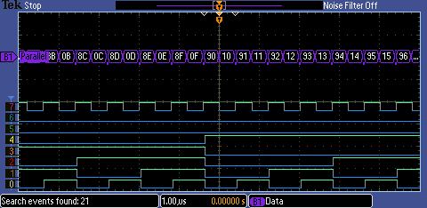 f. Using the multipurpose b control, select the value 10h. The oscilloscope is now set up to trigger on a parallel data value of 10h. g. Press the Menu Off button twice to clear the menus. h.