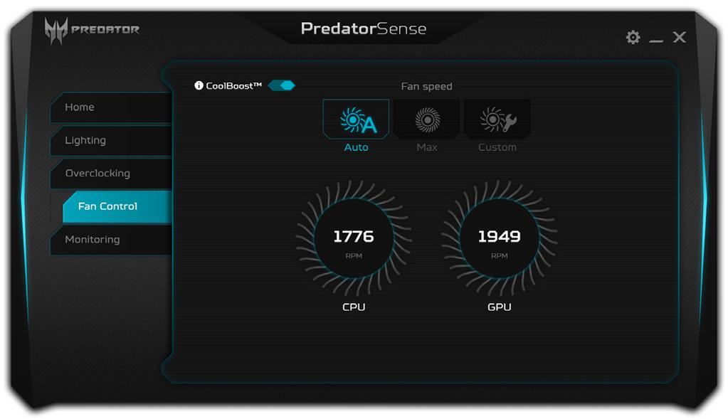 Fan control PredatorSense - 41 Use the fan controls to adjust the fan activity for the CPU and GPU.