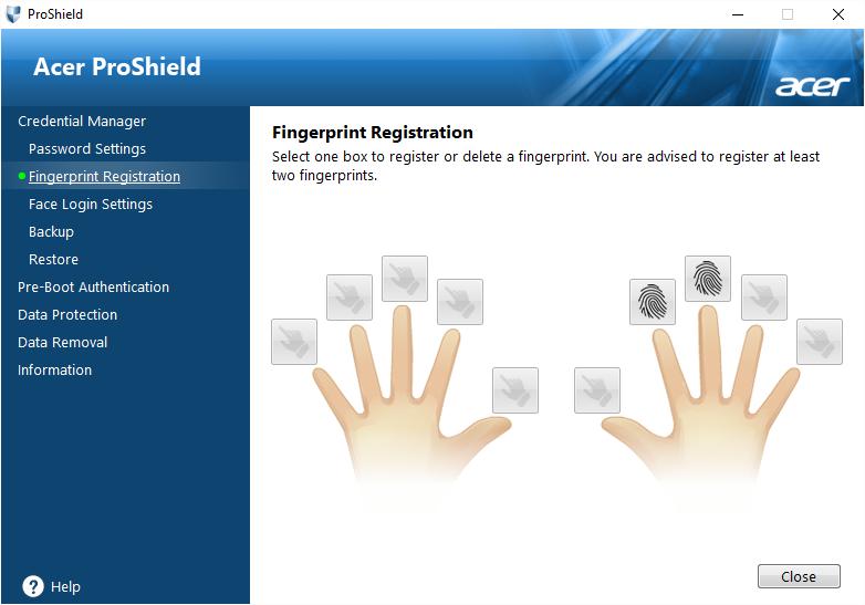 38 - Acer ProShield Credential Manager Here you can set and manage your credentials, including Pre-boot authentication.
