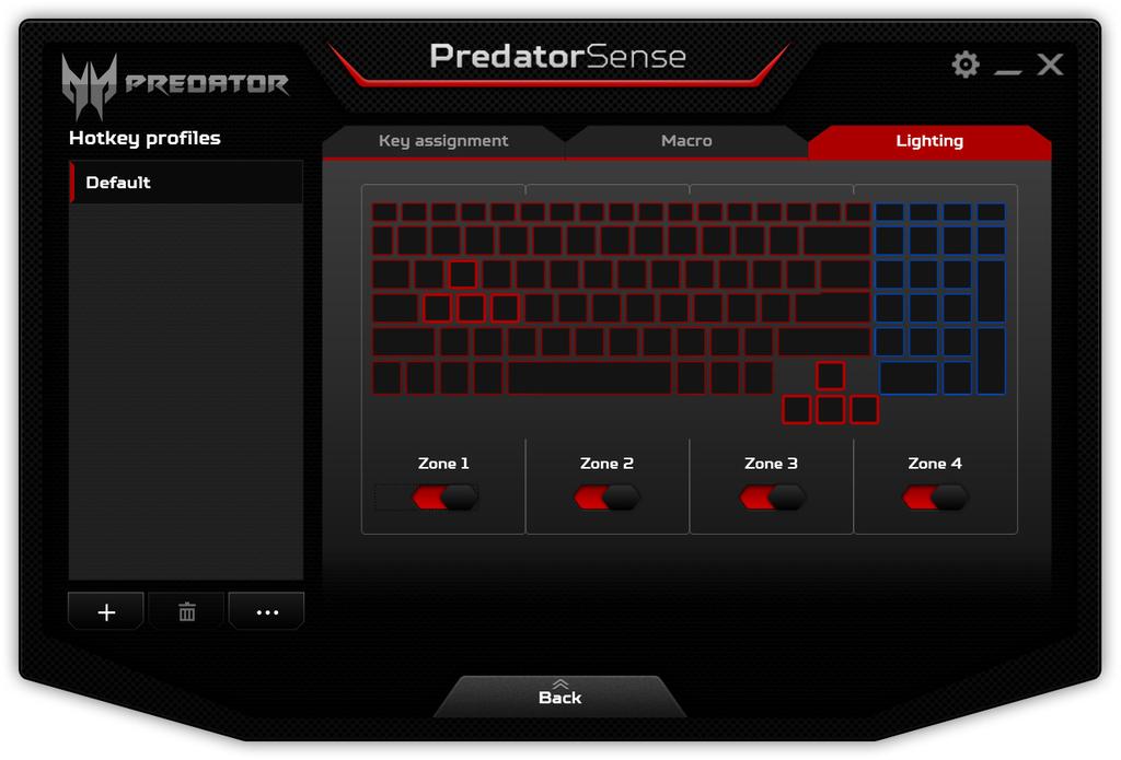 PredatorSense - 41 Adjust the keyboard backlight The keyboard backlight is divided into four zones, which you can turn on or off independently.
