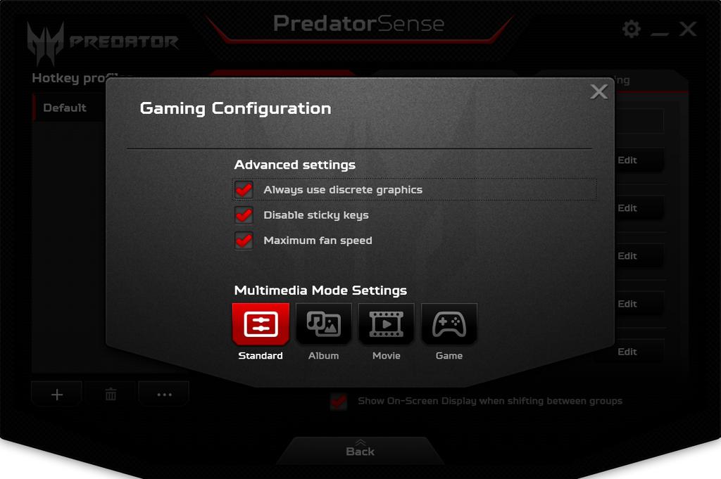42 - PredatorSense PredatorSense settings Click the Settings icon to change settings for your Predator system.