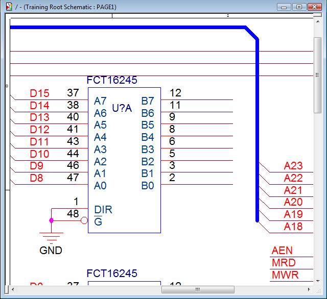 2. Assign the net alias, BA0, to the bottom wire connected to pin 2. 3. Move the cursor up to the other wires and click each wire.