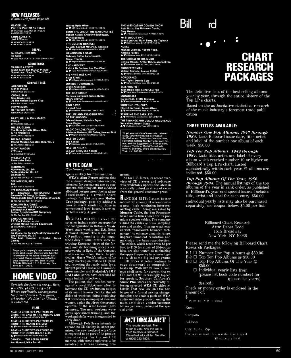 NEW RELEASES (Continued from page 22) GLASER, JIM Past The Point Of No Return LP MCA /Noble Vision MCA -5612/$8.98 CA MCAC 5612 58.98 LYNN, LORETTA Just A Woman LP MCA MCA -5613/58.