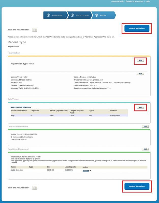Figure 14: Review Information for Registration in e-permit System 12. The system will display the submission status page and displays your Record Number.