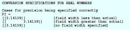 printf ("CONVERSION SPECIFICATIONS FOR REAL NUMBERS\n\n"); printf ("Cases for precision being specified correctly \n"); printf ("PI = \n" "[[%1.