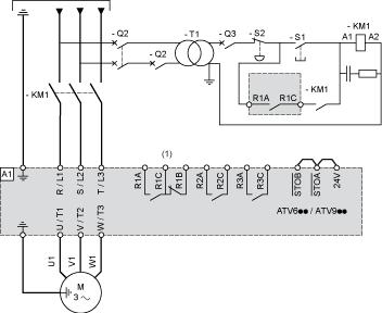 Connections and Schema Single or Three-Phase Power Supply with Upstream Breaking via Line Contactor Connection diagrams conforming to standards EN 954-1 category 1 and IEC/EN 61508 capacity SIL1,