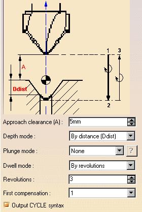 4. Select the Strategy tab page to specify the following machining parameters: Approach clearance Depth mode: by distance The depth value used is the one specified in the Geometry tab page.