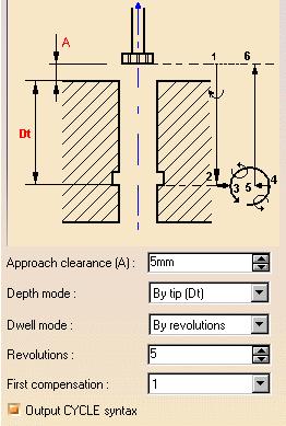 4. Select the Strategy tab page to specify the following machining parameters: Approach clearance Depth mode: by tip The depth value used is the one specified in the Geometry tab page.