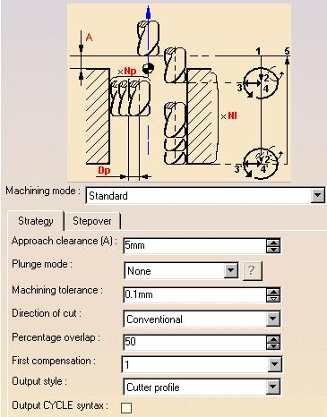 5. Select the Strategy tab page and choose the machining mode: Standard Helical. 6. Specify the machining strategy parameters.