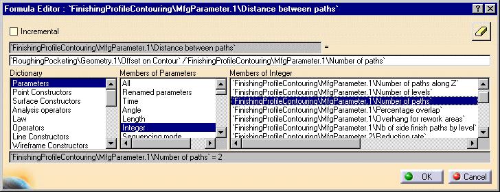 Edit the "Distance between paths" parameter using the Edit Formula contextual command, and set it to the "Offset on Contour" of "RoughingPocketing" divided by the Number of paths.