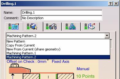 You can also use the following commands in the combo for assigning a machining pattern to the operation. Copy from Current: The machining pattern (geometry and technology data) is duplicated.