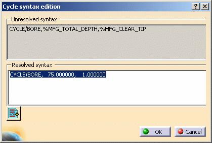 Editing CYCLE Syntaxes in Axial Machining Operations For all axial operations the Edit Cycle icon in the Axial Machining Operation dialog box allows you to: display the unresolved syntax of the NC