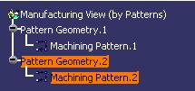The various cases of pattern data share and duplication are detailed below. 1. Manufacturing View: Copy/Paste Machining Pattern.1: - Pattern Geometry.1 duplicated - Machining Pattern.