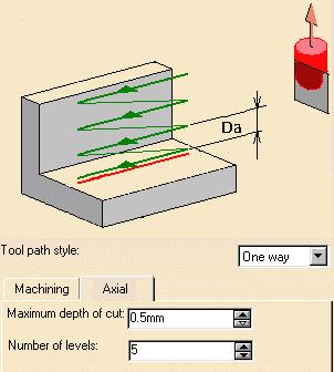 4. Select the Strategy tab page to specify parameters for: Machining Axial. Set the main strategy parameters as shown. A tool is proposed by default when you want to create a machining operation.
