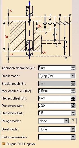 4. Select the Strategy tab page to specify the following machining parameters: Approach clearance Depth mode: by tip The depth value used is the one specified in the Geometry tab page.