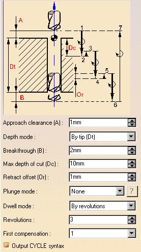 4. Select the Strategy tab page to specify the following machining parameters: Approach clearance Depth mode: by tip The depth value used is the one specified in the geometry tab page.