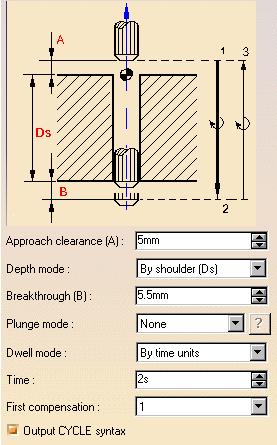 4. Select the Strategy tab page to specify the following machining parameters: Approach clearance Depth mode: by shoulder The depth value used is the one specified in the Geometry tab page.