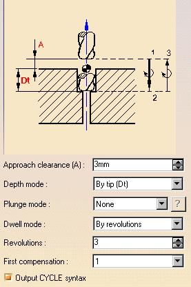 4. Select the Strategy tab page and specify the following machining parameters: Approach clearance Depth mode: by tip The depth value used is the one specified in the Geometry tab page.