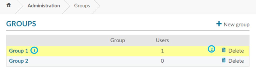 1.3.2 Edit or remove groups You can edit a group by clicking on the name of the group (1) and remove the group by clicking on delete icon in the respective line (2).