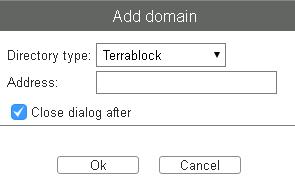 A dialogue will prompt for confirmation. Domains Tab The domains tab allows you to add and remove additional TerraBlock servers and LDAP/Active Directory servers as domains.