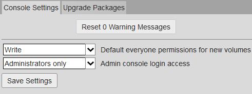 Settings Tab The settings tab allows an administrator to create default permission settings for the Everyone group as well as set access levels to the Administration console from client machines.