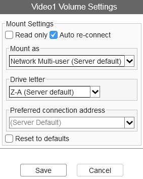 Client volume settings Offline - Not currently available to mount Mount failed - Mounting of the volume has failed The icon to the right of each volume brings up the client settings for that volume.