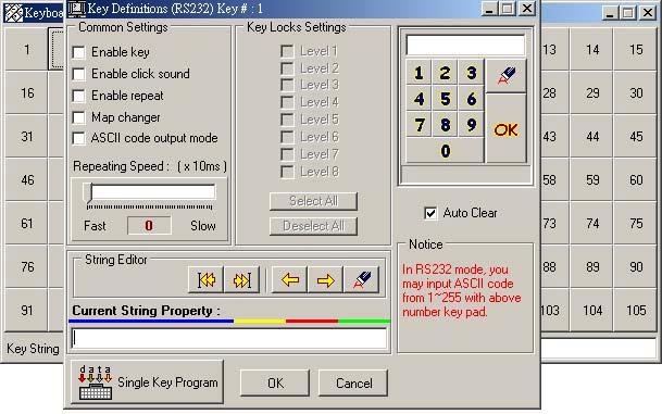 Programming Your Keyboard Picture 3-9 Step7-7: Key lock Setting This setting allows user define key lock's level. i.e. when you set key #1 to be level 1 and level 2, then the key#1 can only be use when the key lock set to be level 1 and level 2.