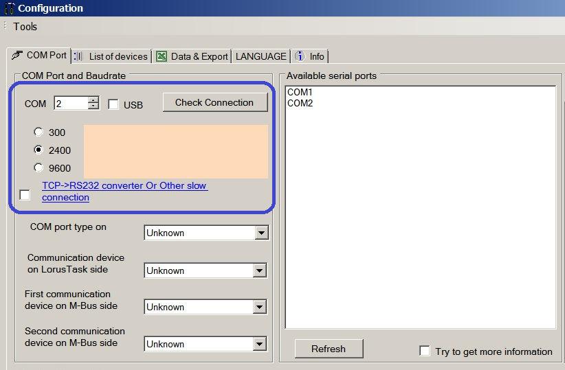 COM Port and communication settings: Select COM Port tab and provide port number in the provided field (Serial