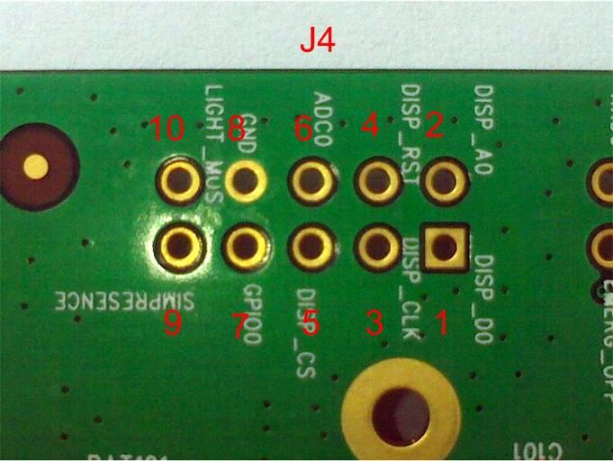 3.8.4 LCD Table 13: Pins of J4 Figure 15: LCD test points Pin Signal I/O Description 1 DISP_DATA I/O 2 DISP_D/C O 3 DISP_CLK O 4 DISP_RST O 5 DISP_CS O 6 ADC0 I LCD display