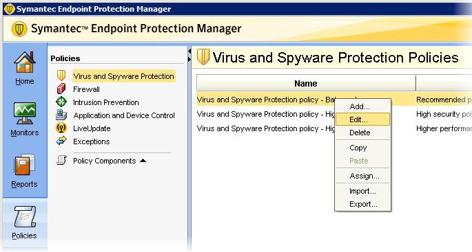 11 The Virus and Spyware Protection policy window for the