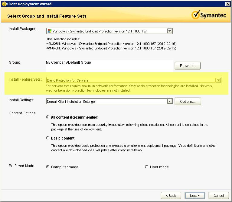 6 Installation This topic contains the specific selections that you must choose when deploying Symantec Endpoint Protection 12.
