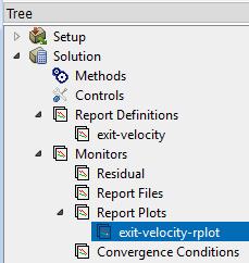 Since we selected the Report Plot option while setting up the monitoring details, a new Report Plot called exit-velocity-rplot appeared under Monitors -> Report Plots.