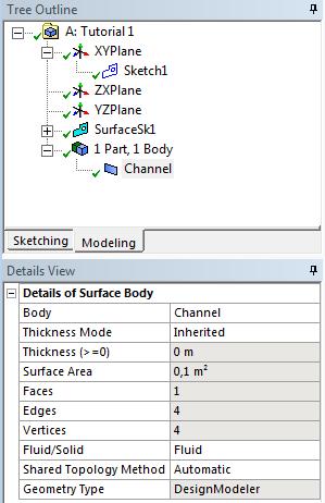 Step 9: In the Modeling tab you ll see 1 Part, 1 Body under which there is Surface Body. Right click on Surface Body and change its name to Channel. In the Details View change Fluid/Solid to Fluid.