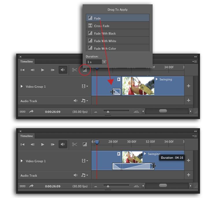 To add a transition to a clip, click the aptly named Transition button on the Timeline panel.