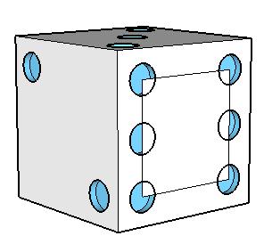 8. For the six-hole face, which should be opposite the one-hole face, place a hole at each square corner and