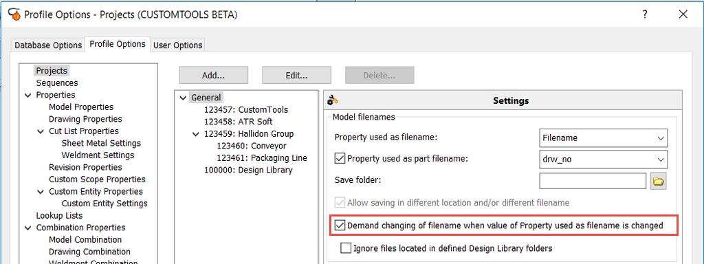 File name changes in CUSTOMTOOLS If the property used to generate a file name is modified in the Properties pane, then those property value changes can be ignored or CUSTOMTOOLS can offer the