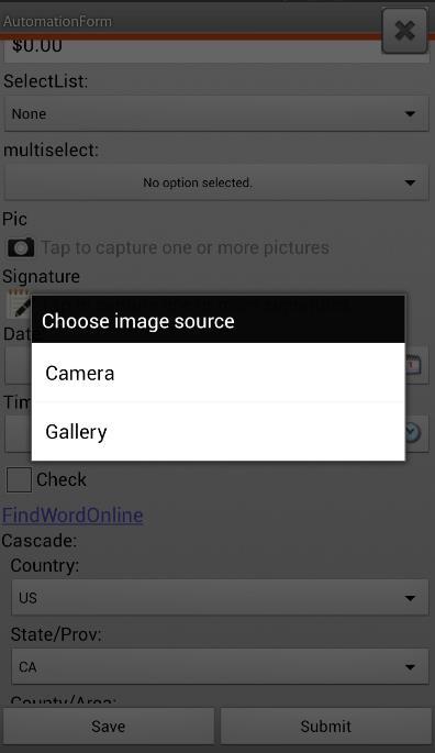 Tap on the Picture capture icon to add the images. A pop-up window will appear to choose the image source option as Camera and Gallery.