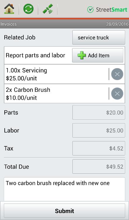 8.7. Job Invoice on Mobile App The Mobile App will show a menu Invoice which allows your mobile worker to report used parts and labor quickly. Note - You need to upgrade your mobile app to v18.
