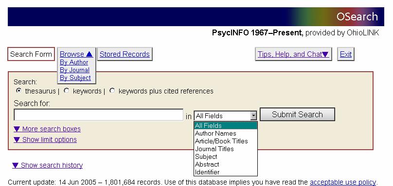 Basic Search Menu Screen: 1 Browse by alphabetical listing. Database Name Years Included Get help finding Subject Headings (not all databases) Click here to begin your search.