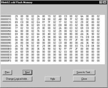 Figure 3. Flash Memory Display Use the Prev and Next keys to view the previous or next 256 byte block of data. 3.7 Program the Flash Memory To program the flash memory with the contents of the hex file, select Program >Program Flash.