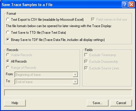 Page 15 of 18 Saving and Exporting Trace Data You can save the collected trace data in different formats for subsequent offline analysis or re-opening in the Trace Display. 1. Click on the Save button in the Trace Display.