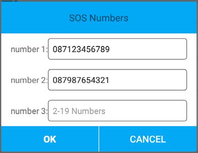 Configuration To add or edit the emergency contact numbers, tap Settings on the home screen and press SOS Numbers.