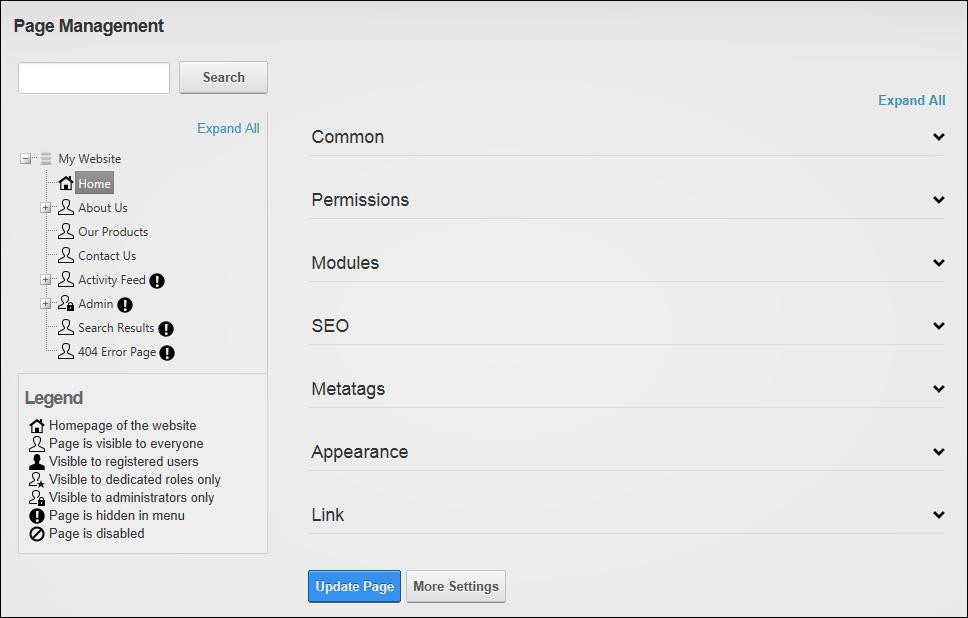 Page Management as viewed by Administrators Super Users have access to the "Manage" field that is located above the list of pages.