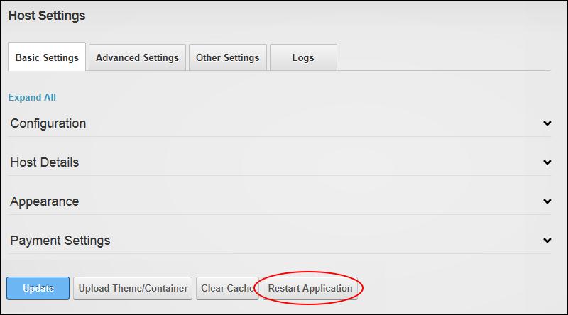 Restarting the Application Uploading Themes and Containers Super Users can upload new themes and containers by clicking the Upload Theme/Container button located at the base of the Host Setting page