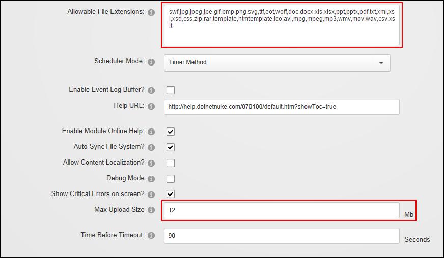 Configuring Upload File Settings Super Users can set maximum size and the type (extension) of files that can be uploaded by Administrators and other authorized users across all sites within this