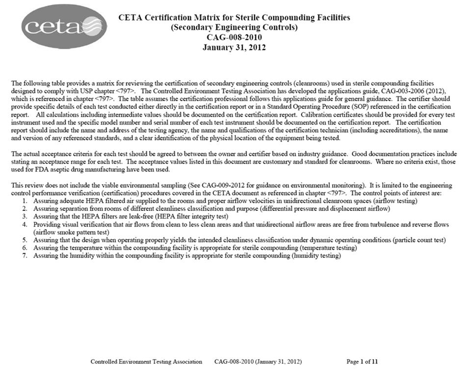 CAG 008 2010 Certification Matrix for Sterile Compounding