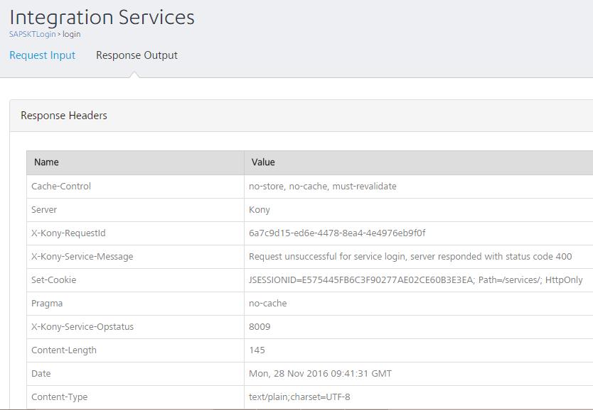 4. Integration Services Kony MobileFabric Integration Service Admin Console User Guide Response Body: The Response Body for the request sent is displayed in the code format.