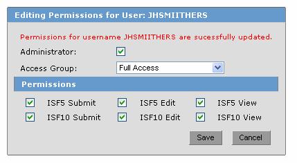 The Editing Permissions for User screen will refresh and a message will indicate that you have