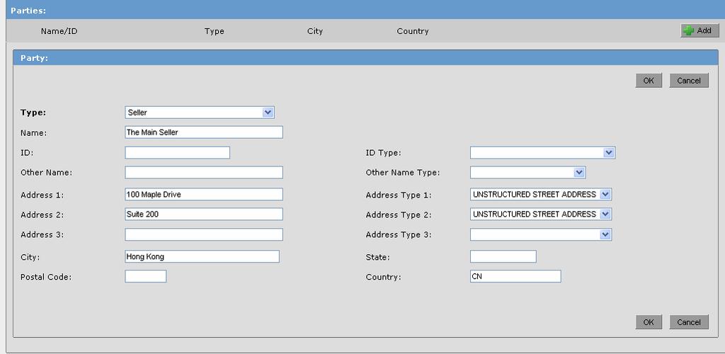 a) Enter the Seller ( ) i) Under Parties, click 'Add A Party data entry screen will slide open.